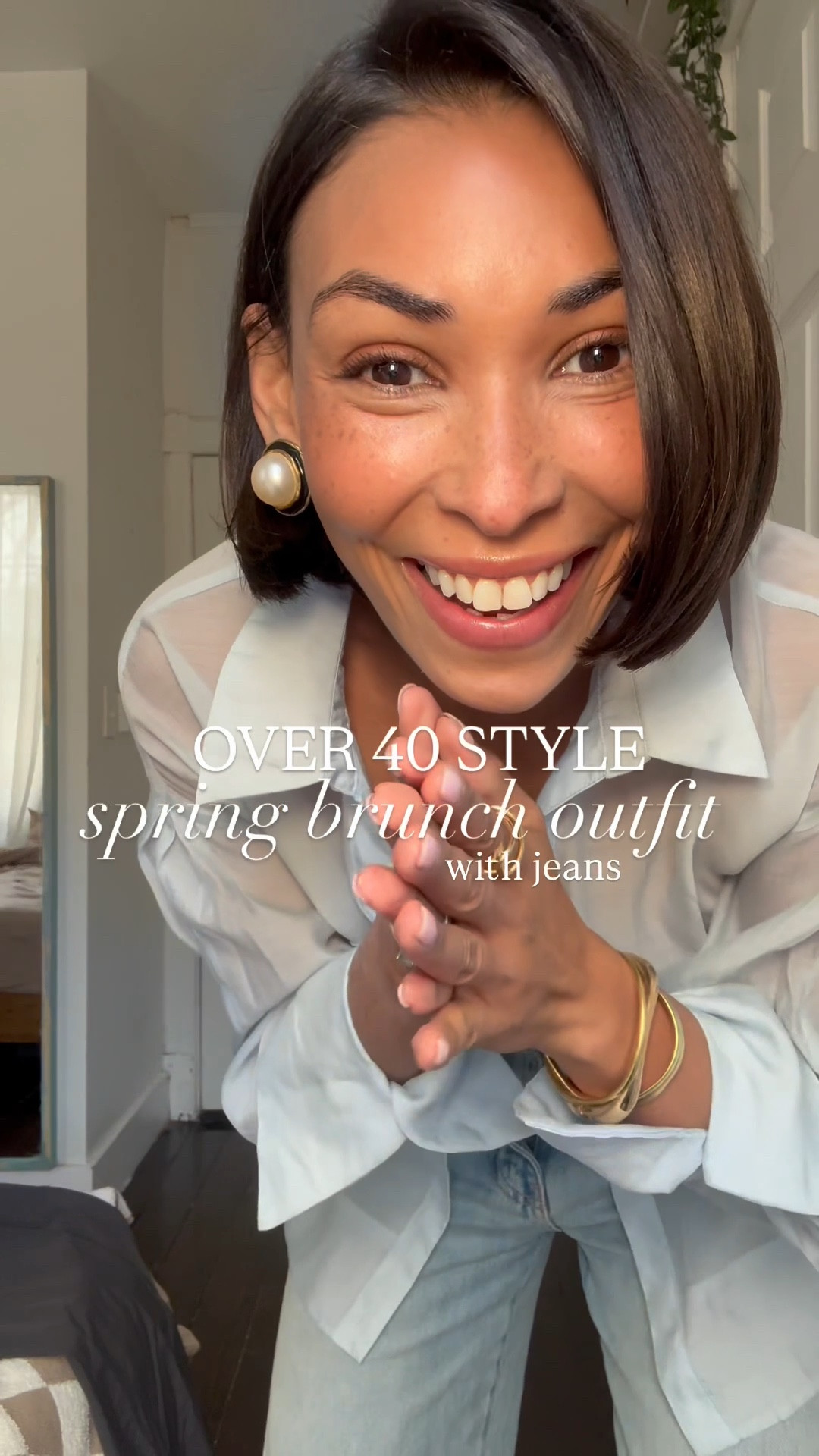 Spring brunch outfit with jeans✨ my actual shirt is from a brand called Sovere and the shirt is called Enigma Semi Sheer it’s from last season I linked similar 

#LTKStyleTip #LTKOver40 #LTKFindsUnder100