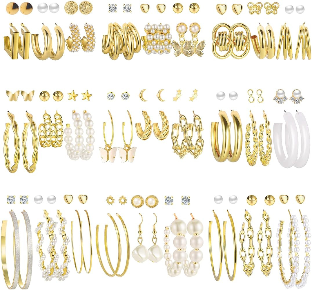 54 Pairs Gold Hoop Earrings Set for Women Multipack, Boho Fashion Statement Stud Hoop Earring Pac... | Amazon (US)