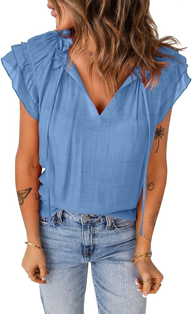 luvamia Women's Summer Casual Blouse V Neck Tunic Shirts Ruffle Cap Sleeve Tops | Amazon (US)