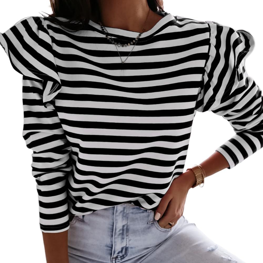 LilyCoco Womens Long Sleeve Striped Shirt Ruffle Top Loose Fit Tee Crew Neck T-Shirts | Amazon (US)
