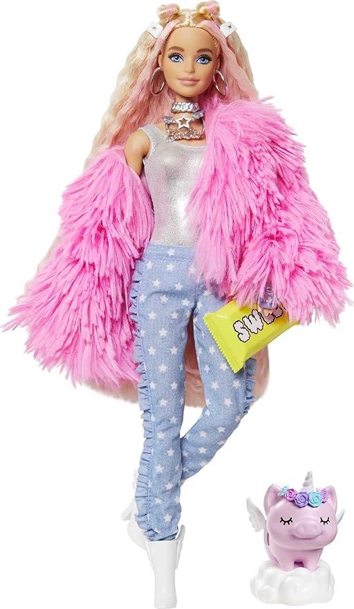 Barbie Extra Doll #3 in Pink Fluffy Coat with Pet Unicorn-Pig, Extra-Long Crimped Hair, Including... | Amazon (US)