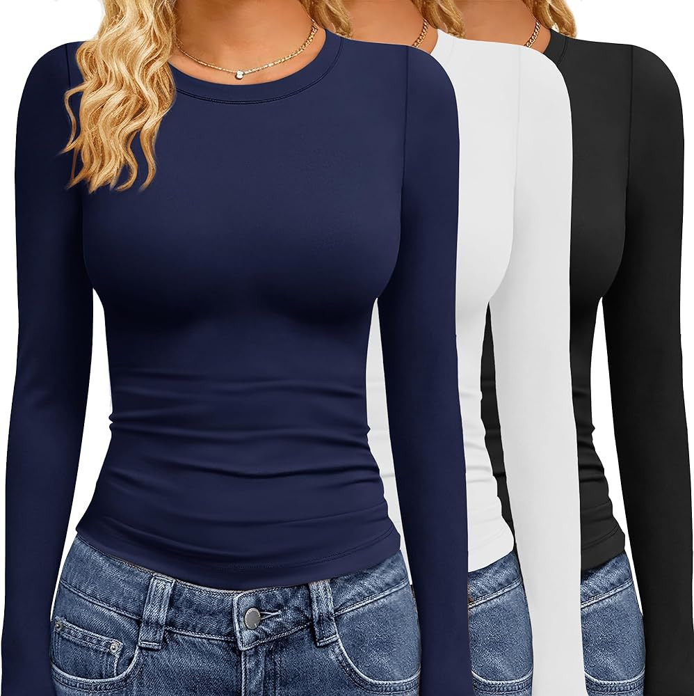 GAYHAY 3 Pack Long Sleeve Shirts for Women Basic Tops Crew Neck Fitted Tight Workout Tees Y2K Clo... | Amazon (US)
