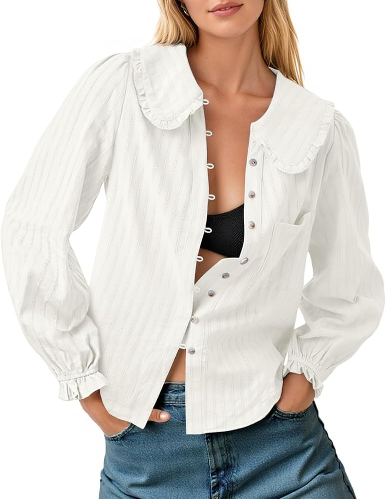 Tankaneo Womens Peter Pan Collar Shirts Puff Long Sleeve Button Down Cotton Blouse Casual Fall Te... | Amazon (US)