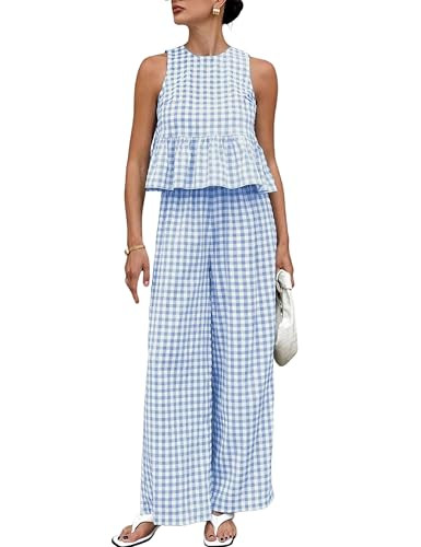 VATEAMI Womens 2 Piece Outfits Sets Gingham Plaid Sleeveless Ruffle Tank Tops and Wide Leg Pants Summer Matching Lounge Sets (Blue-XL) | Amazon (US)