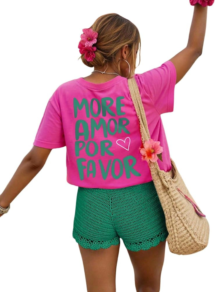 Women's Graphic Letter Tee Crew Neck Drop Shoulder Trendy Summer T Shirt Short Sleeve Vintage Top | Amazon (US)