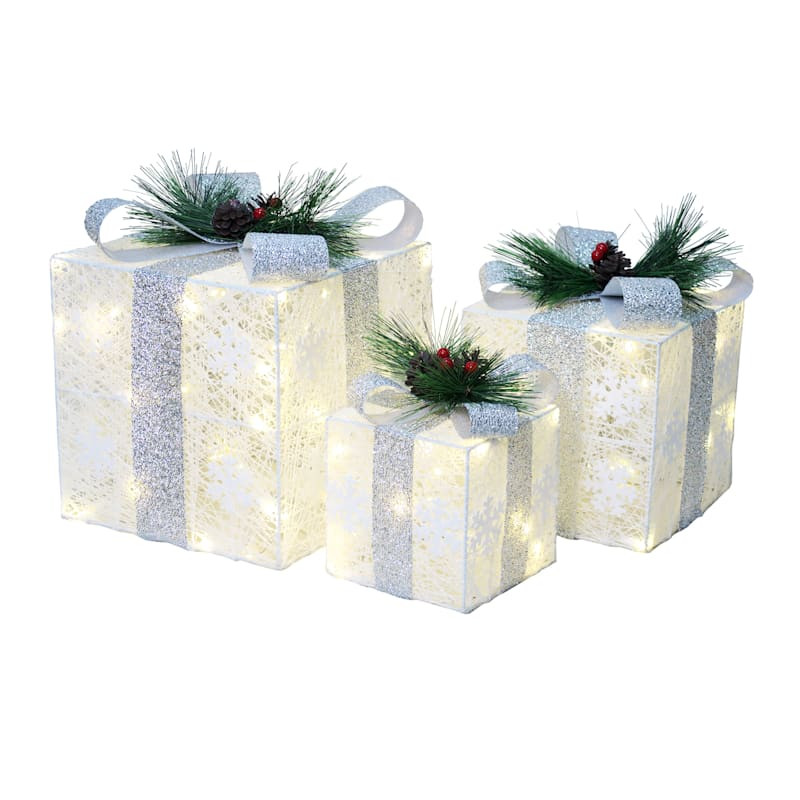 Set of 3 Pre-Lit White Glittered Snowflake Gift Boxes | At Home