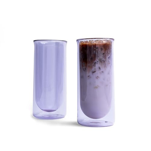 FLUR Iced Coffee Glasses (Set of 2) Perfect for Iced Coffee, Cold Brew & Lattes – Double-Walled Borosilicate Glass – For Hot & Cold Drinks – Lightweight & Easy to Clean – 15.5oz (Purple) | Amazon (US)