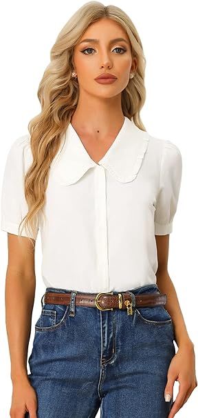 Allegra K Women's Peter Pan Collar Shirt Puff Short Sleeve Retro Vintage Blouse | Amazon (US)