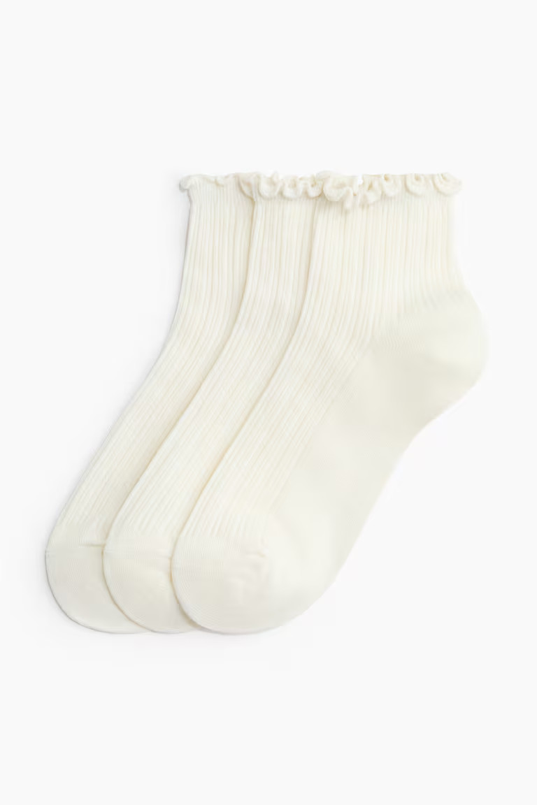 H & M - 3-pack rib-knit ankle socks - White | H&M (US, CA, MX)