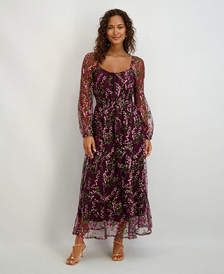 kensie Women's Sweetheart Neck Long Sleeve Embroidered Dress - Macy's | Macy's