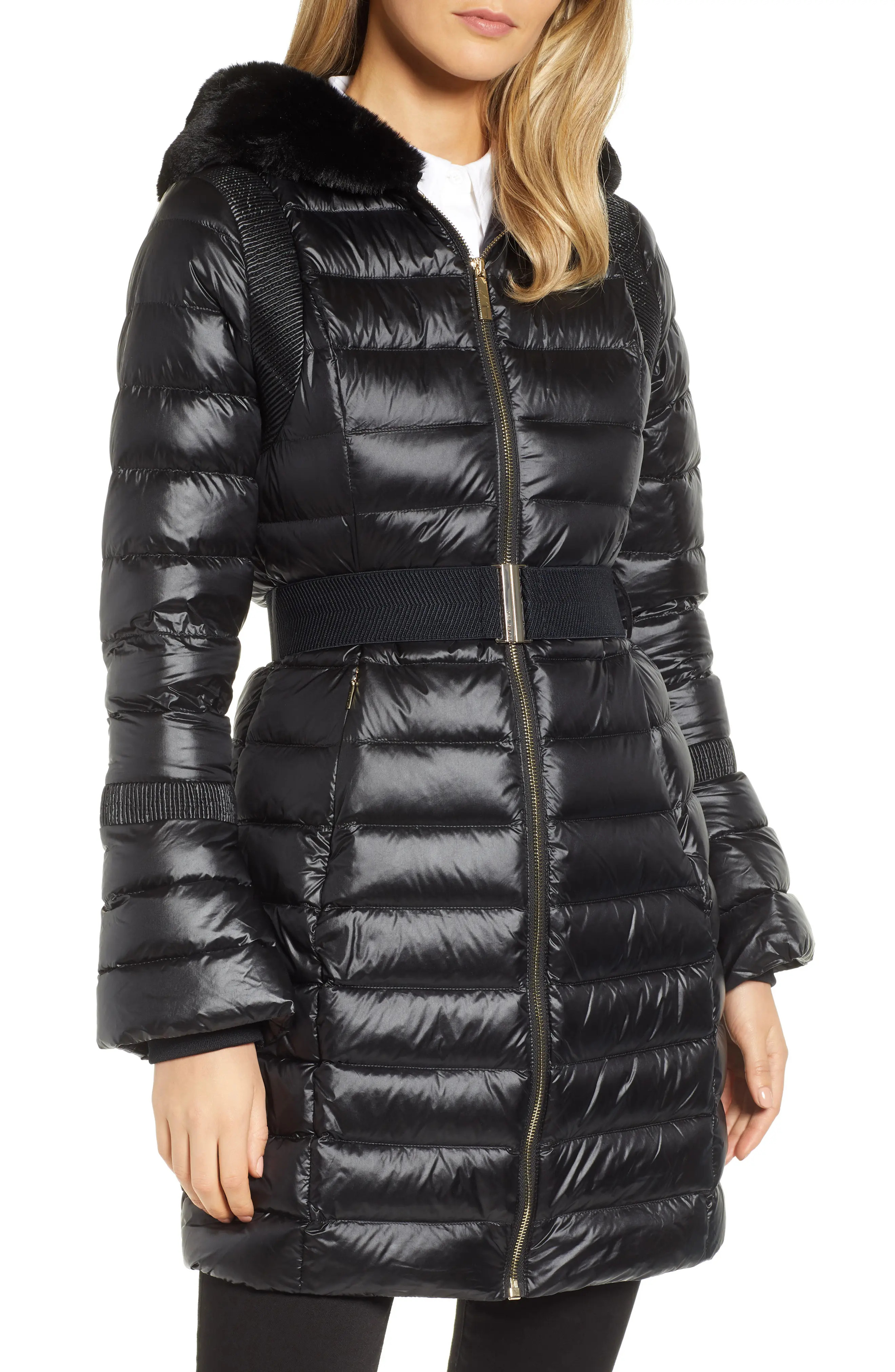 Women's Ted Baker London Faux Fur Trim Down Jacket, Size 0 - Black | Nordstrom