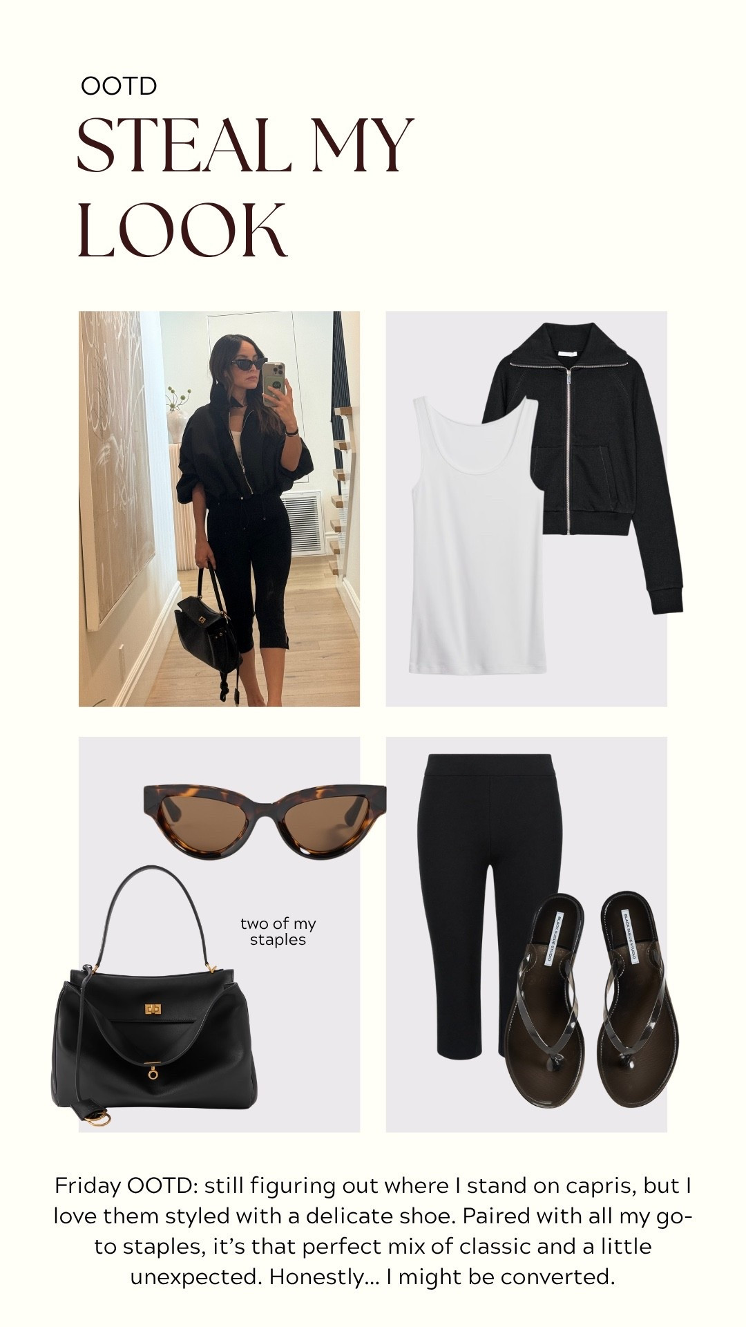 Friday OOTD: still figuring out where I stand on capris, but I love them styled with a delicate shoe—it makes the whole look feel so elevated. Paired with all my go-to staples, it’s that perfect mix of classic and a little unexpected. Honestly… I might be converted.

#LTKootd #LTKPetite #LTKmomlife