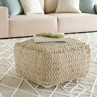 Striped Ali Square Jute/Cotton Pouf (20" x 20" x 12") - Overstock - 11736966 | Bed Bath & Beyond