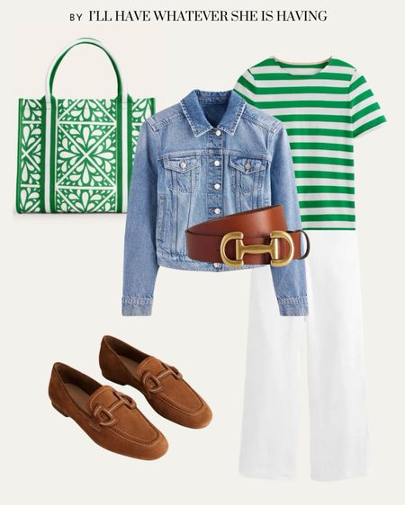 Spring outfit - white pants outfit: white pants, green striped t-shirt, denim jacket, green design canvas tote bag, brown belt, brown loafers

Date night outfit, casual style, spring style, spring 2024, what to wear in spring, Easter outfit, vacation outfit, resort outfit, vacation wear, casual Friday, work outfit, office outfit | casual work outfit


#LTKshoecrush #LTKtravel #LTKworkwear