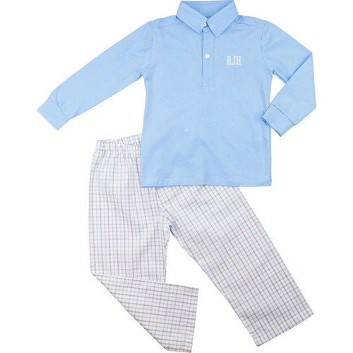 Blue And Khaki Windowpane Polo Pant Set | Cecil and Lou