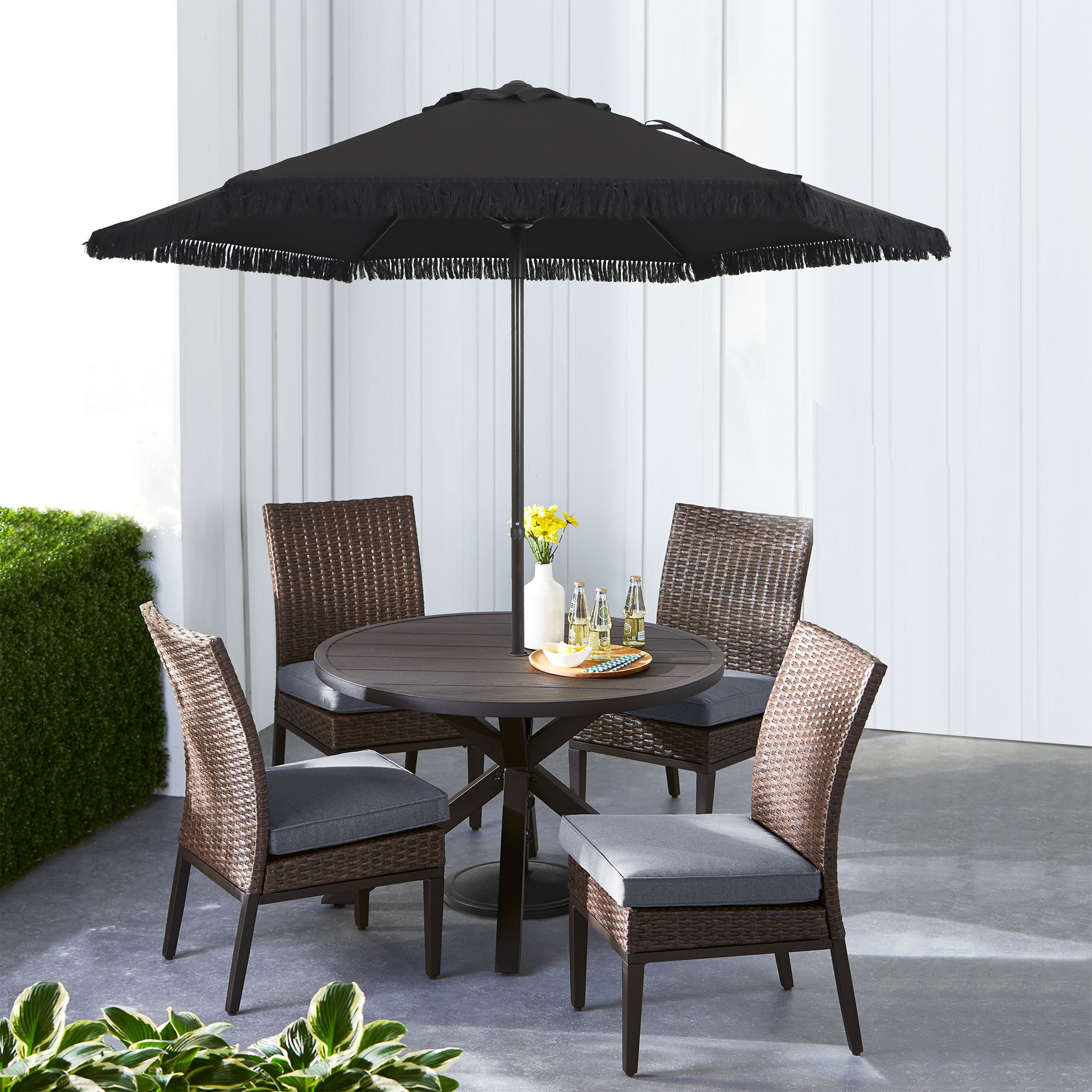 Better Homes & Gardens Outdoor 7.5' Black Ventura Fringe Round Push-up Premium Patio Umbrella - W... | Walmart (US)