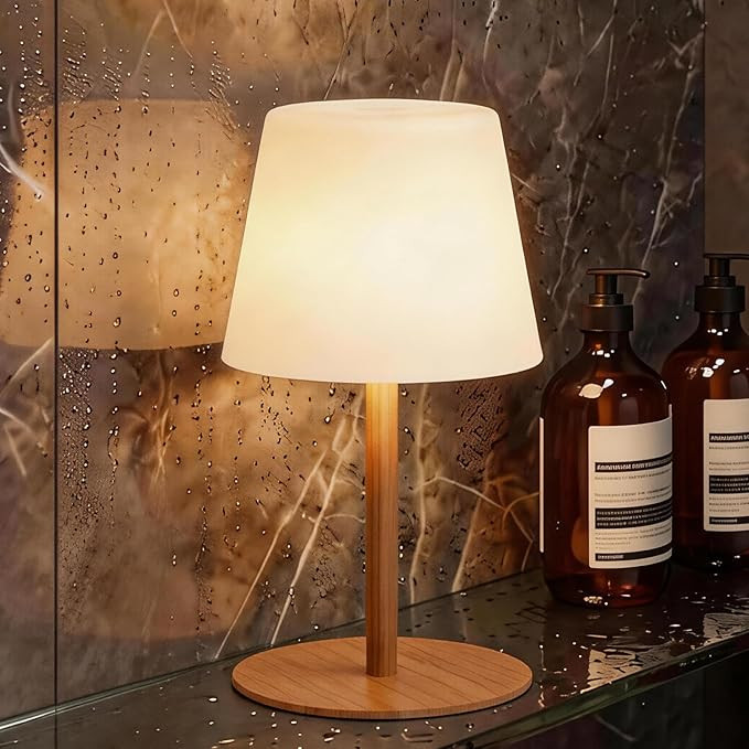 IP65 Shower Lamp Waterproof, Wood Grain Rechargeable Cordless Bathroom Table Lamp with 4000mAh Ba... | Amazon (US)