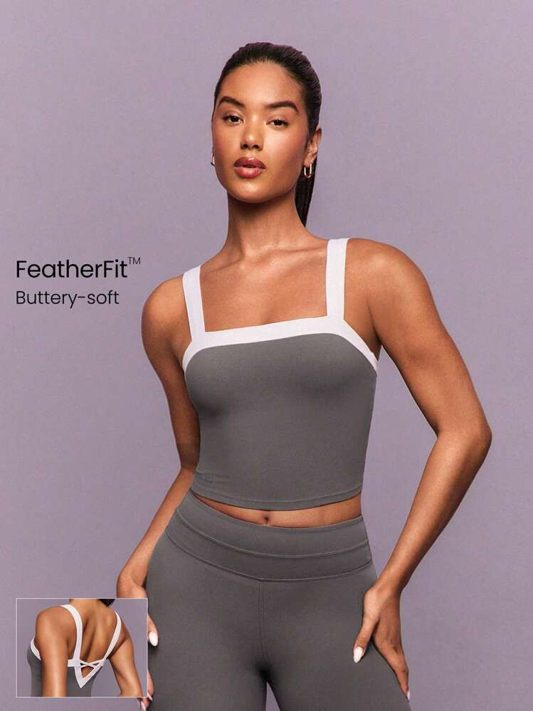 GLOWMODE FeatherFit™ Retro Glow Soft Stretchy Sweat-Wicking Removable Cups Deep V-Back Two-Tone Cropped Tank Top Low-Impact Yoga Pilates Barre Gym Studio Daily Casual Wear | SHEIN