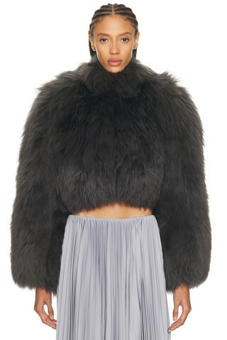 ALAÏA ALAΪA Fur Cropped Jacket in Anthracite - Grey. Size 36 (also in 38). | FWRD 