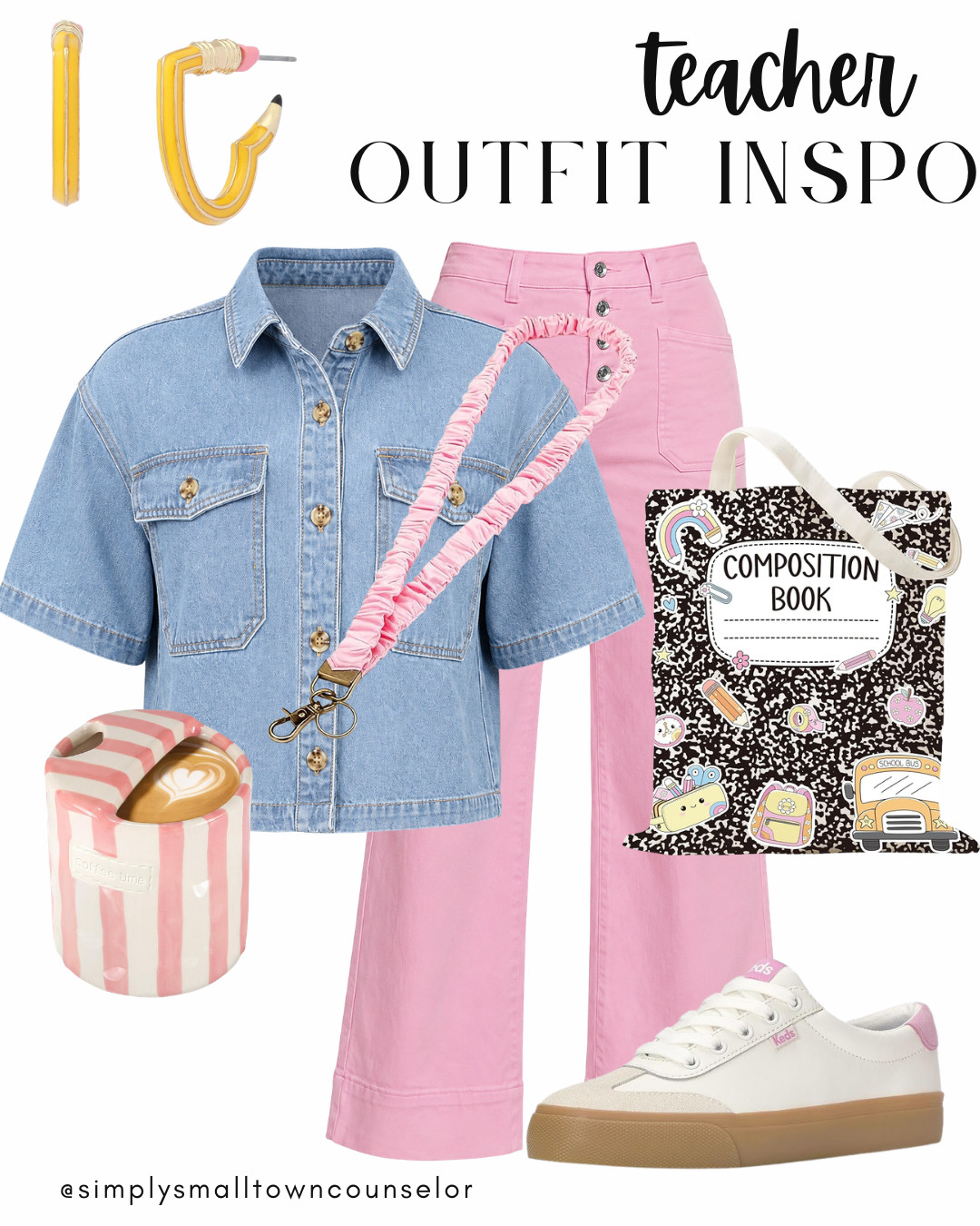 Teacher outfit inspo with the cutest pop of pink! 💕 These pink wide-leg pants paired with a short-sleeve denim top make such a fun, comfy classroom-ready look. Add the playful school accessories and sneakers for an outfit that’s equal parts cute and practical! ✏️✨
 

 #LTKWorkwear