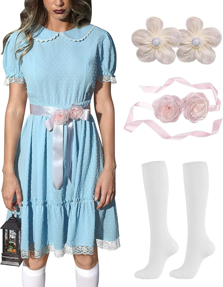 Women's Halloween Creepy Costume Set Short Puff Sleeves Cosplay Dress with Hair Clips | Amazon (US)