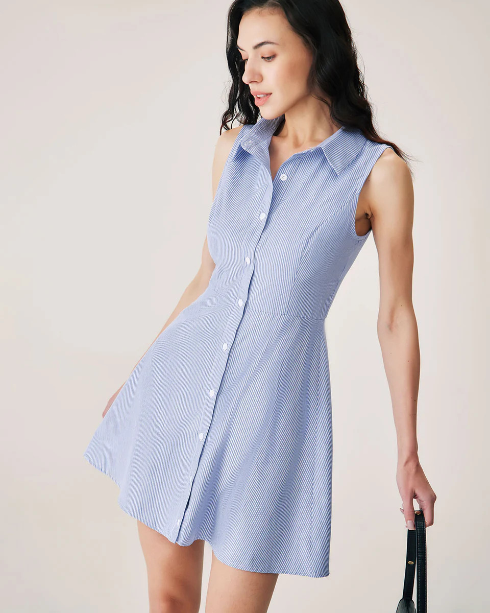 Blue Striped Button Mini Dress & Reviews - Blue - Dresses | RIHOAS | rihoas.com