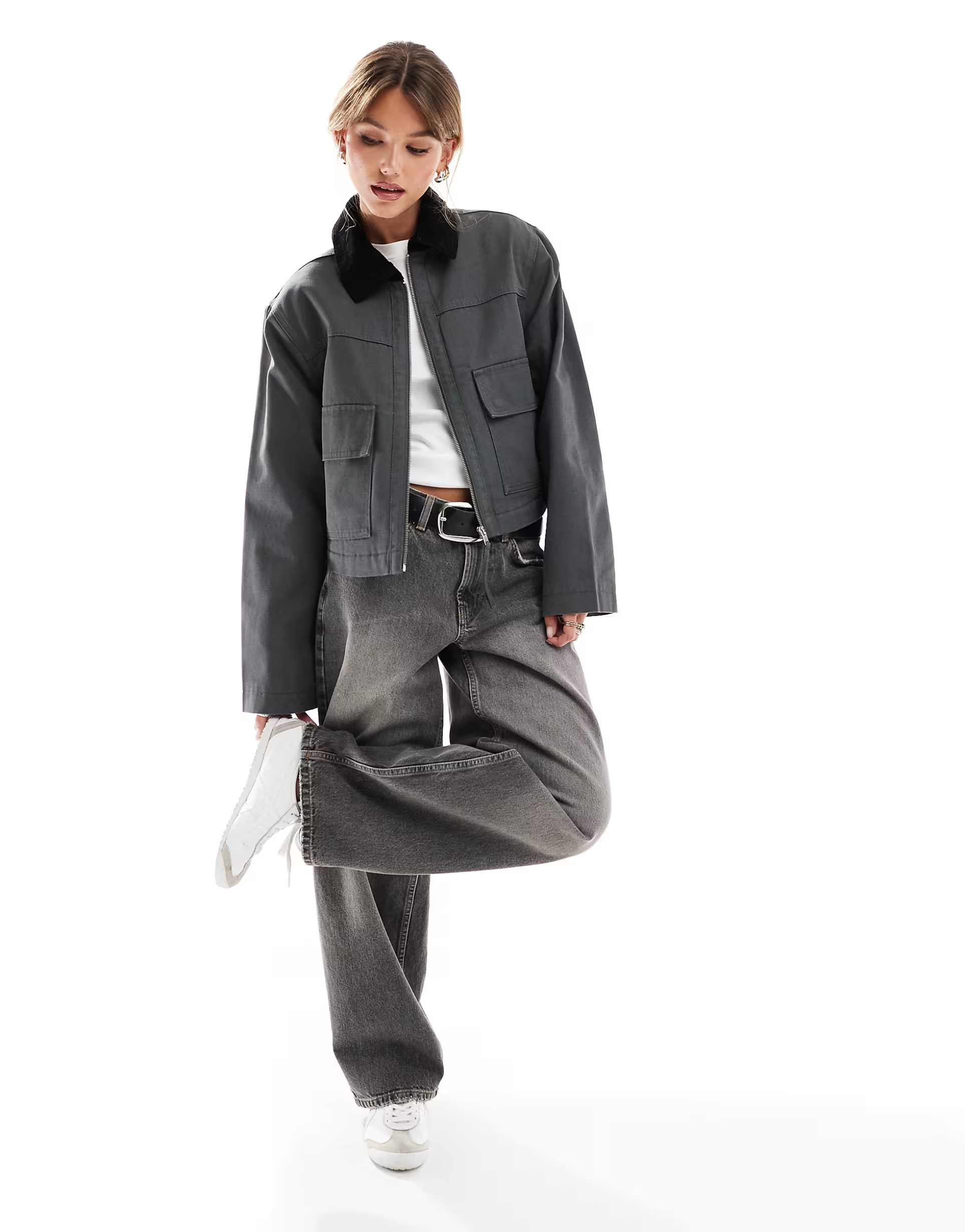 ASOS DESIGN cropped pocket canvas jacket in grey | ASOS (Global)