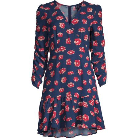 Scoop Ruched Sleeve Ruffle Faux Wrap Mini Dress Poppy Print Women's | Walmart (US)