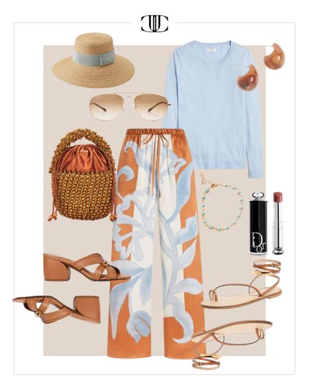 The print on these silk pants are so fabulous. Comfy and chic all at once  

Silk pants, sweater, spring outfit, sun hat, sunglasses, sandals, earrings, casual outfit, summer outfit 

#LTKstyletip #LTKshoecrush #LTKover40