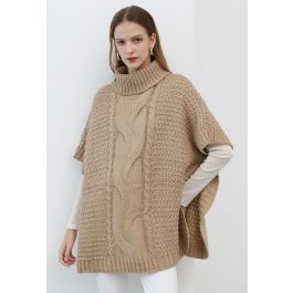 Turtleneck Cable Knit Poncho in Light Tan | Chicwish