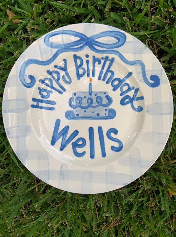 Boys Preppy Birthday Plate // Blue Gingham and Ribbon // First - Etsy | Etsy (US)