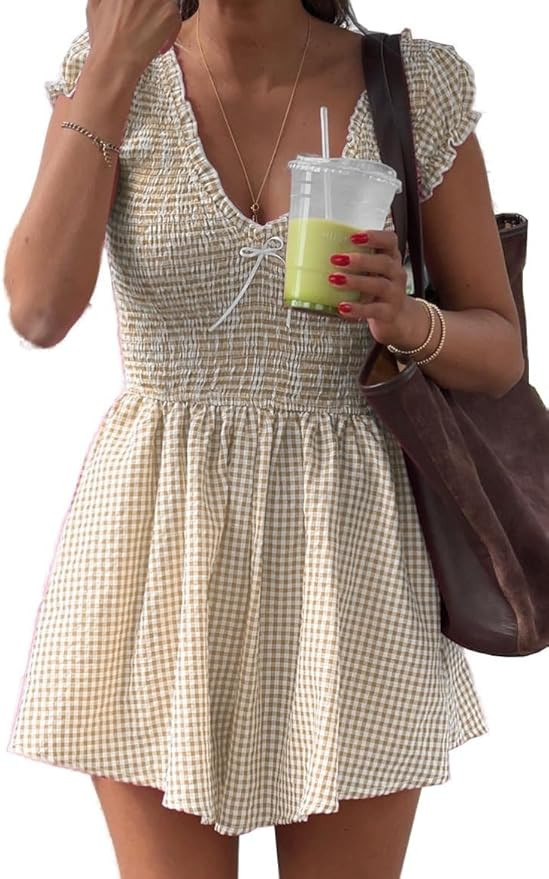 Womens Summer Gingham Rompers V Neck Puff Sleeve Smocked Wide Leg Plaid Shorts Dressy Jumpsuits | Amazon (US)