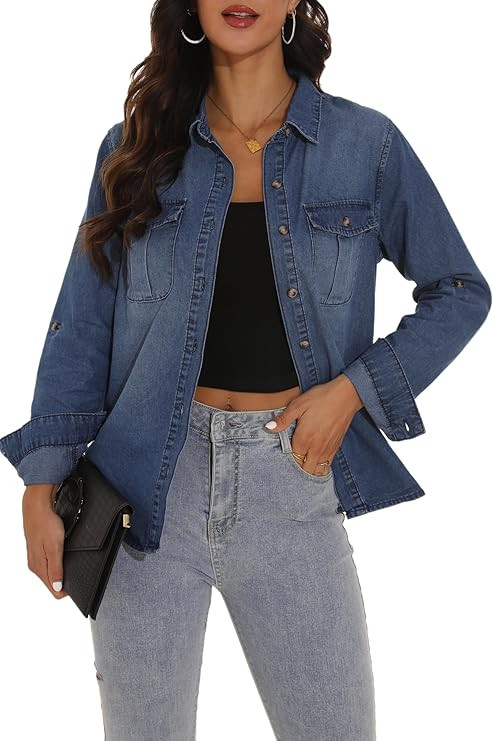 GUANYY Womens Denim Button Down Shirt Long Sleeve V Neck Jean Shirts Western Chambray Blouse Top | Amazon (US)