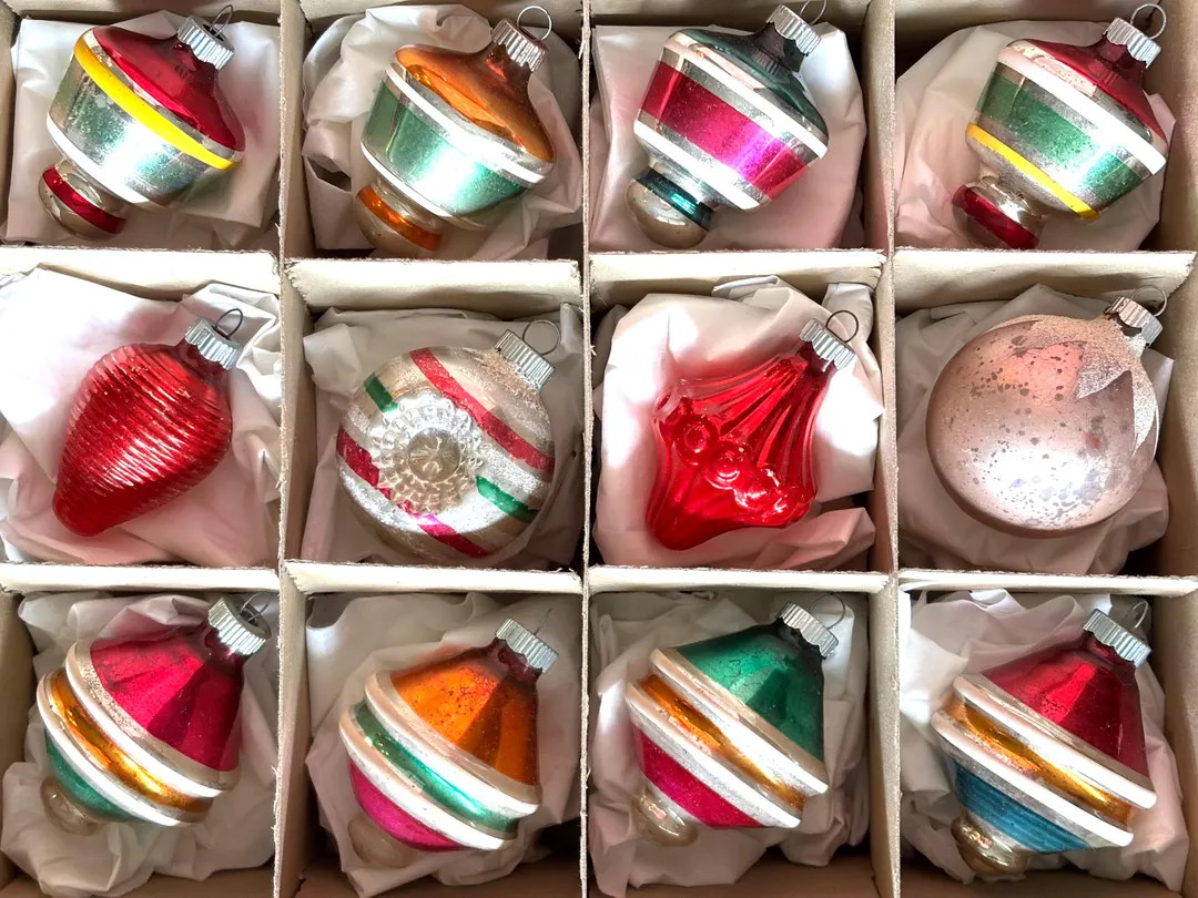 12 Vintage Shiny Brite Christmas Ornaments IOB, UFO Top Tornado Fancy Ornaments Uncle Sam Box 195... | Etsy (US)