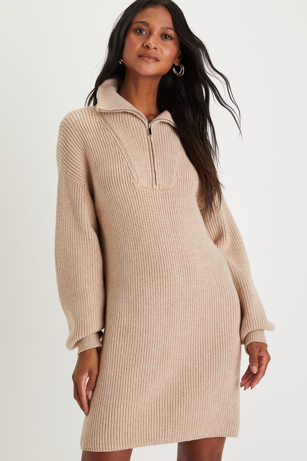 Comfy Moments Beige Quarter-Zip Mini Sweater Dress | Lulus (US)