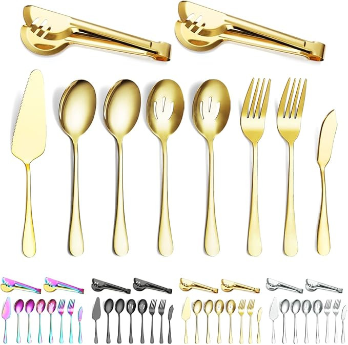 Kyraton Stainless Steel Serving Utensils Include 2 Large Serving Spoons, 2 Slotted Serving Spoons... | Amazon (US)