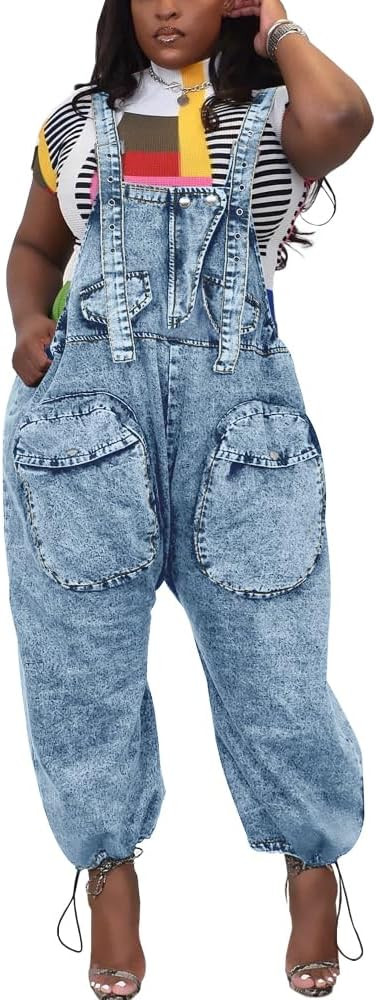 HTD Women's Bib Denim Overalls Loose Wide Leg Jean Jumpsuit With Cargo Pockets | Amazon (US)