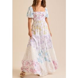 Delicate Floral Lace Panel Puff Sleeve Shirred Maxi Dress for Seaside Vacations & Romantic Getawa... | Chicwish
