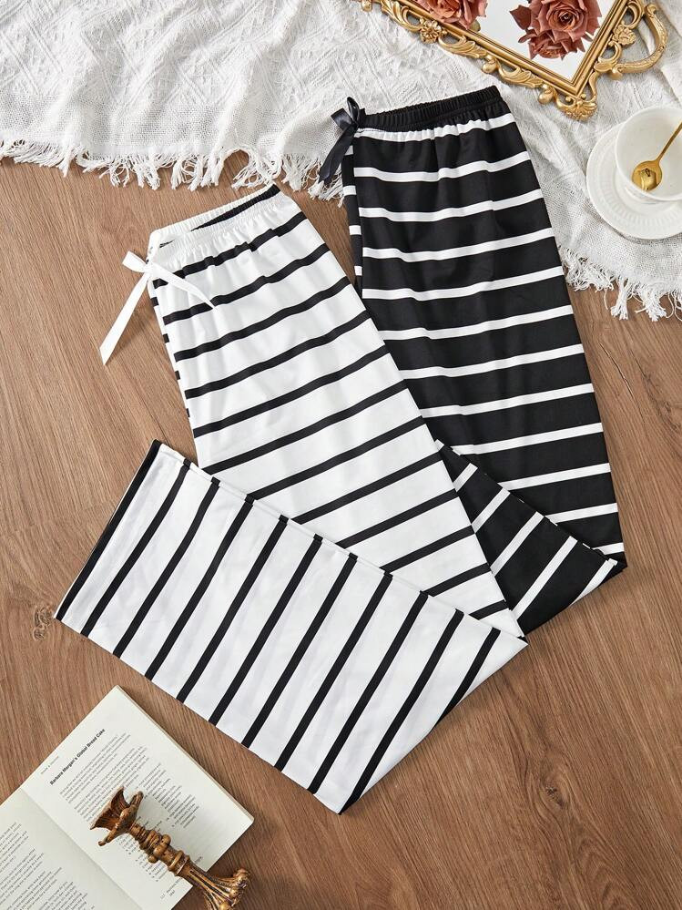 2pcs/Set Fashionable Black & White Striped Sleep Pants, Fall Winter Clothes | SHEIN