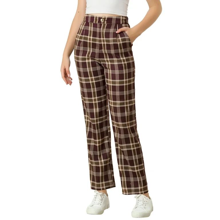 Women's Plaid Trousers Pockets Straight Leg Casual Pant | Walmart (US)