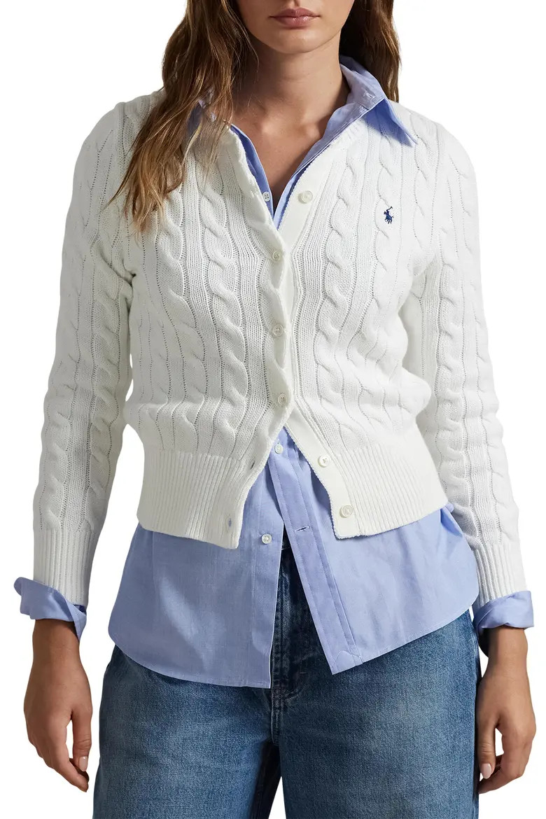 Cable Cotton Crewneck Cardigan (Women) | Nordstrom | Nordstrom