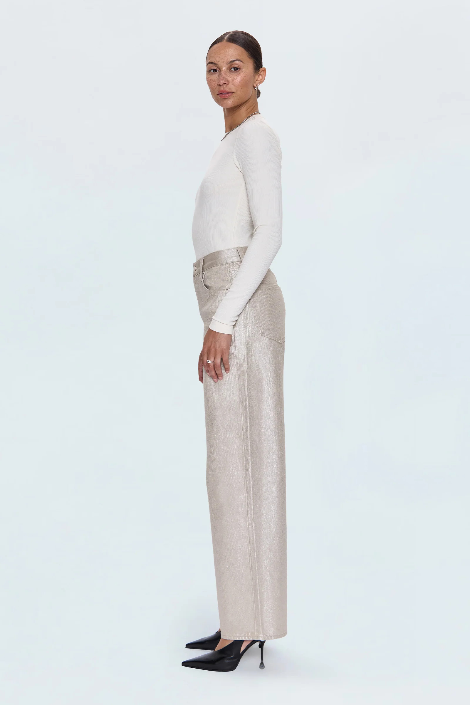 Tate High Rise Bowed Wide Leg Jean - Champagne Luster | Pistola Denim