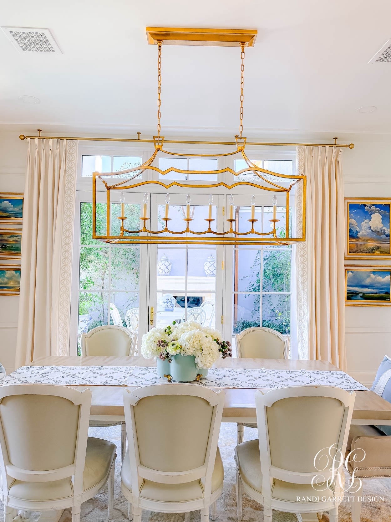 In the kitchen table nook, I leaned into soft color and sweet seasonal details to make it feel extra special for spring. A gorgeous spring table runner sets the tone, layered beneath an aqua cache pot overflowing with the most beautiful white hydrangeas, lavender berries, and crisp white ranunculus.

#LTKHome #LTKSeasonal