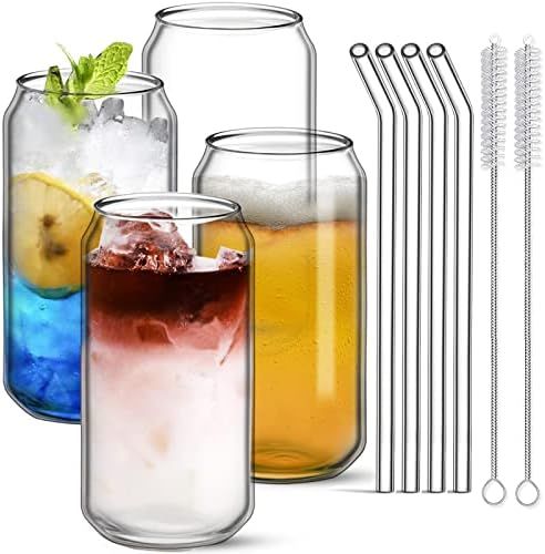 16oz Glass Cups Set of 4,Beer Can Glass Cup with Straw,Iced Coffee Cup,Heat and Cold Resistant Dr... | Amazon (US)