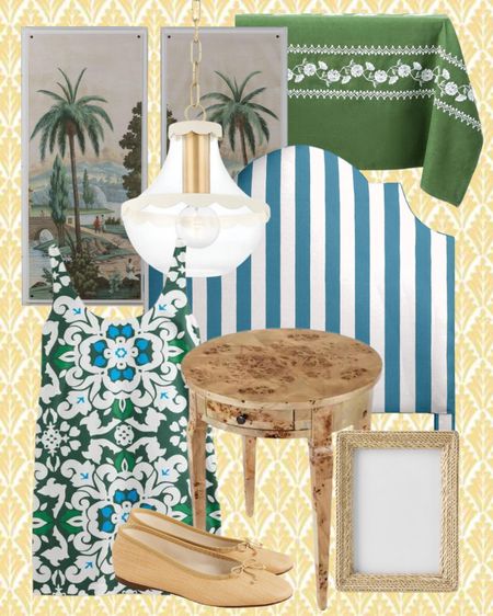 Pretty finds on my mind!
Burl wood table; shift dress; woven frame; raffia slides; tablecloth; chinoiserie panel; upholstered headboard; scalloped pendant; grandmillennial home

#LTKstyletip #LTKhome