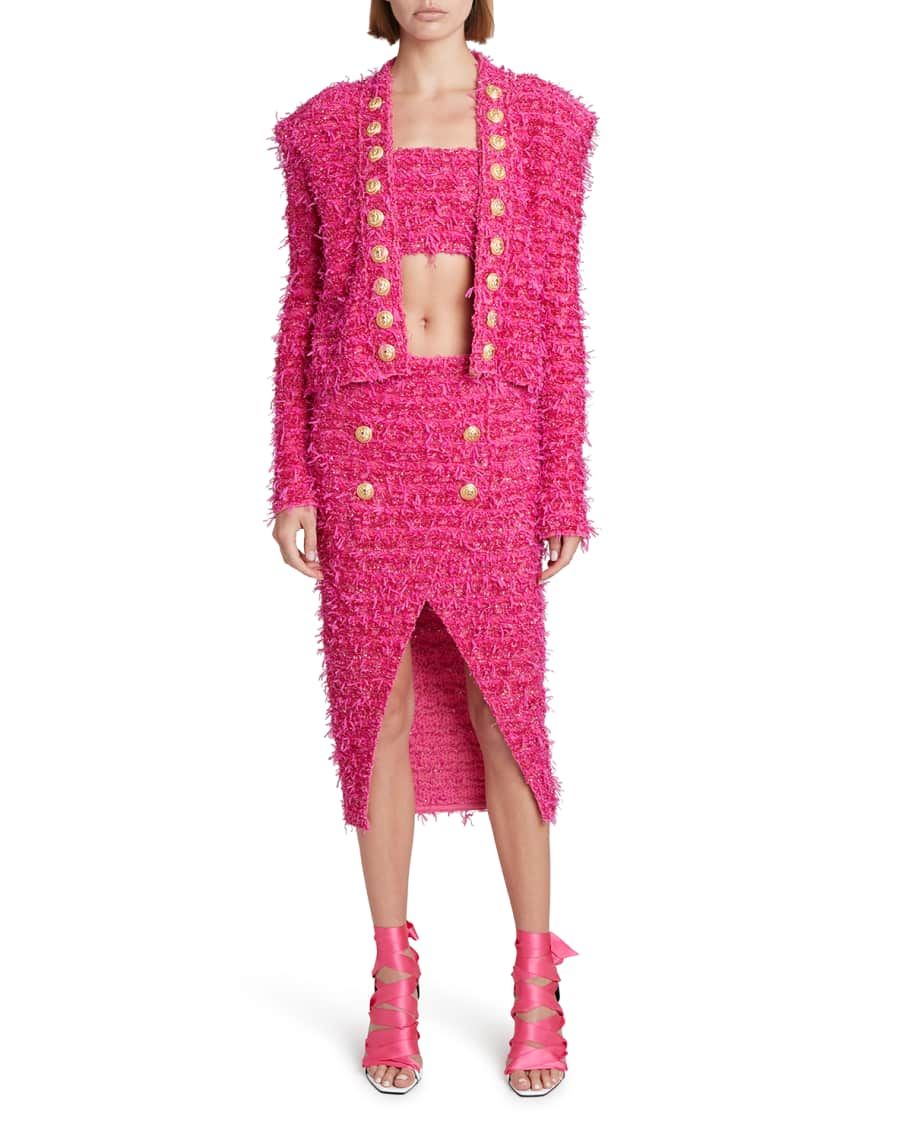 Balmain X Barbie Spencer Strong-Shoulder Metallic Tweed Jacket | Neiman Marcus