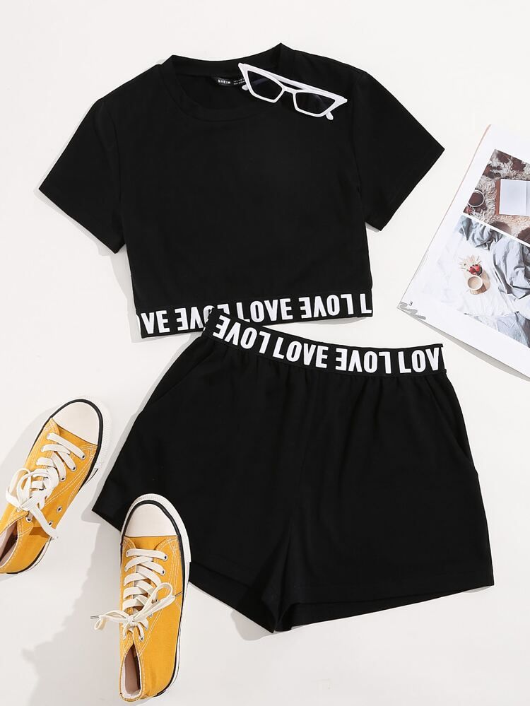 Plus Letter Tape Tee & Shorts | SHEIN