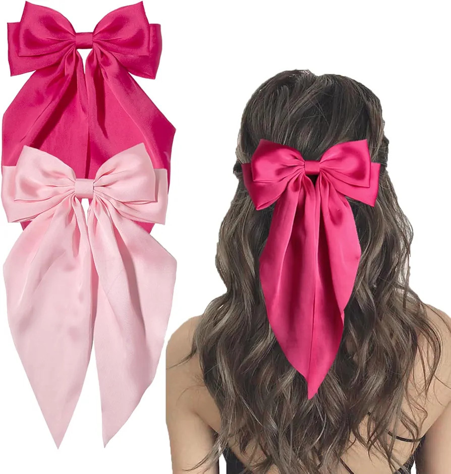 Furling Pompoms Hair Bows Clip, Hot Pink Bow for Women's Hair - 2 Pack, Elegant Satin Bow Hair Ac... | Amazon (US)