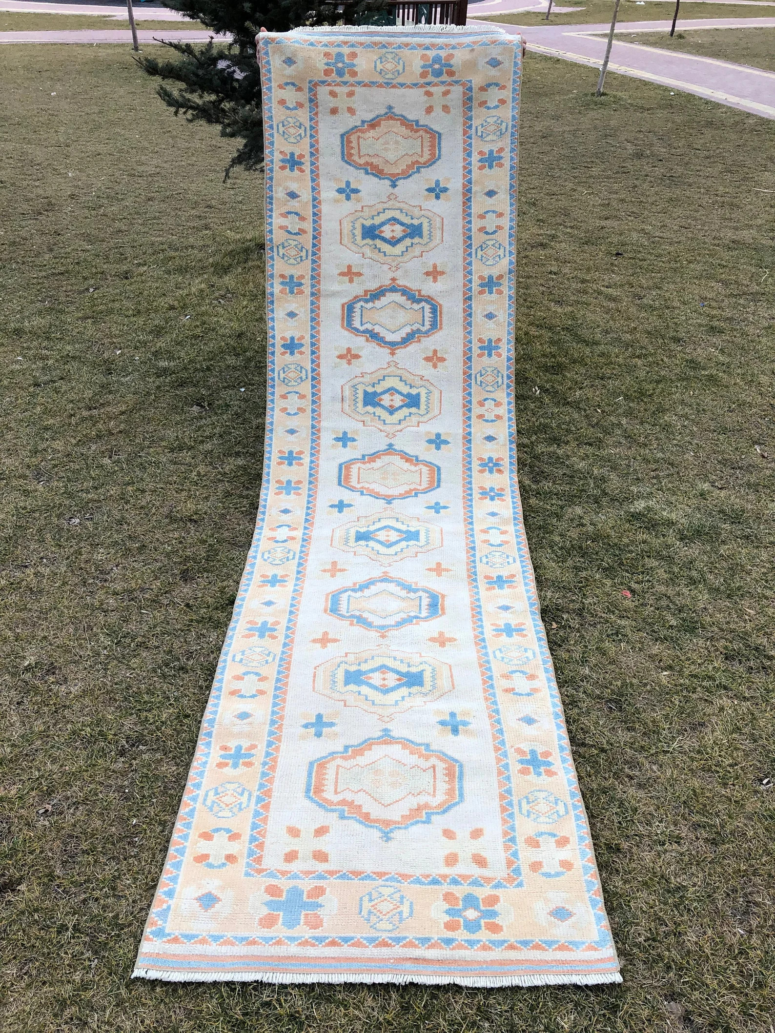 Modern Turkish Runner, Beige Blue Oushak Runner Rug, Star Patterns Turkish Rug, Bohemian Vintage ... | Etsy (US)