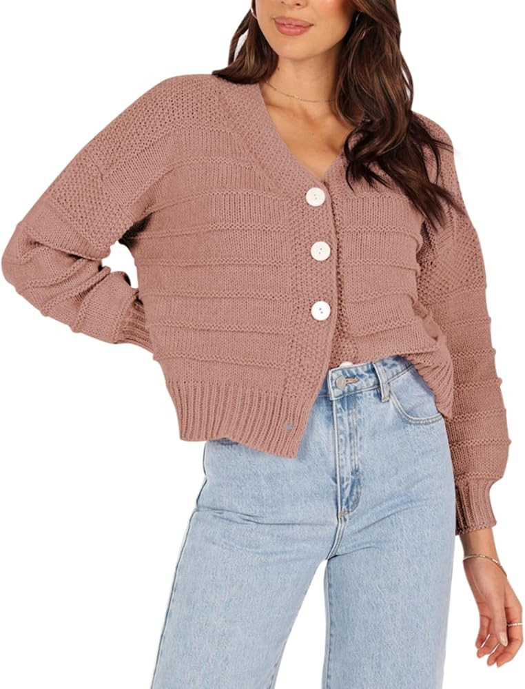 Pink Queen Women's Cropped Sweater Cardigan Casual Fall Open Front Button Down Long Sleeve V Neck... | Amazon (US)